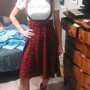 Los Banditos Floral Burgundy Overalls Midi Dress Women Size Small Flowy *UNIQUE*